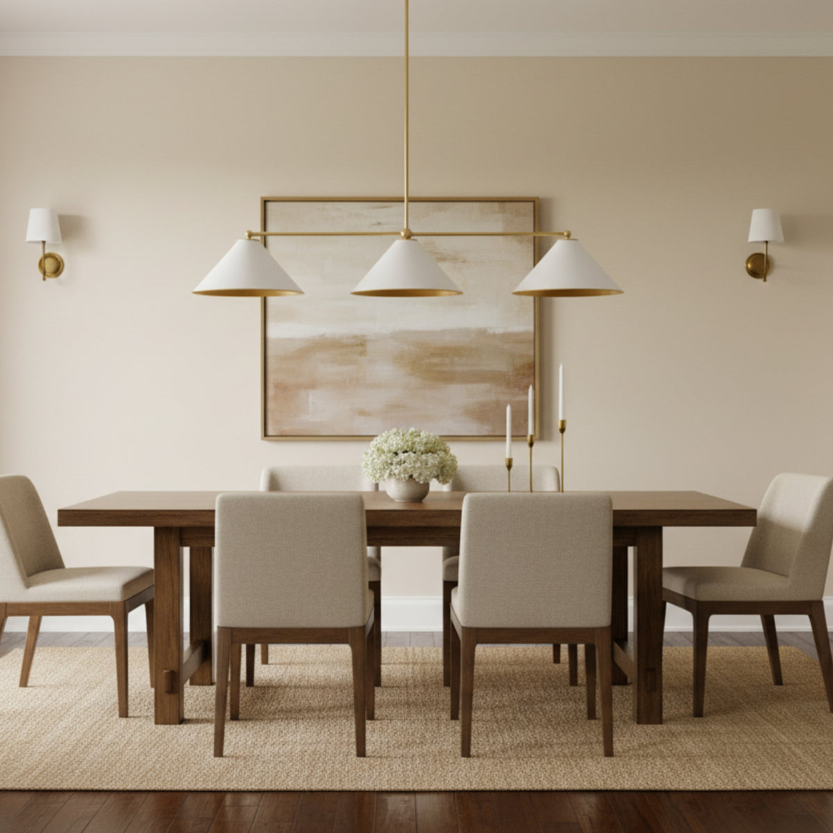 Corfu 3 light linear chandelier shown from the front with white cone shades and a slim brass frame.