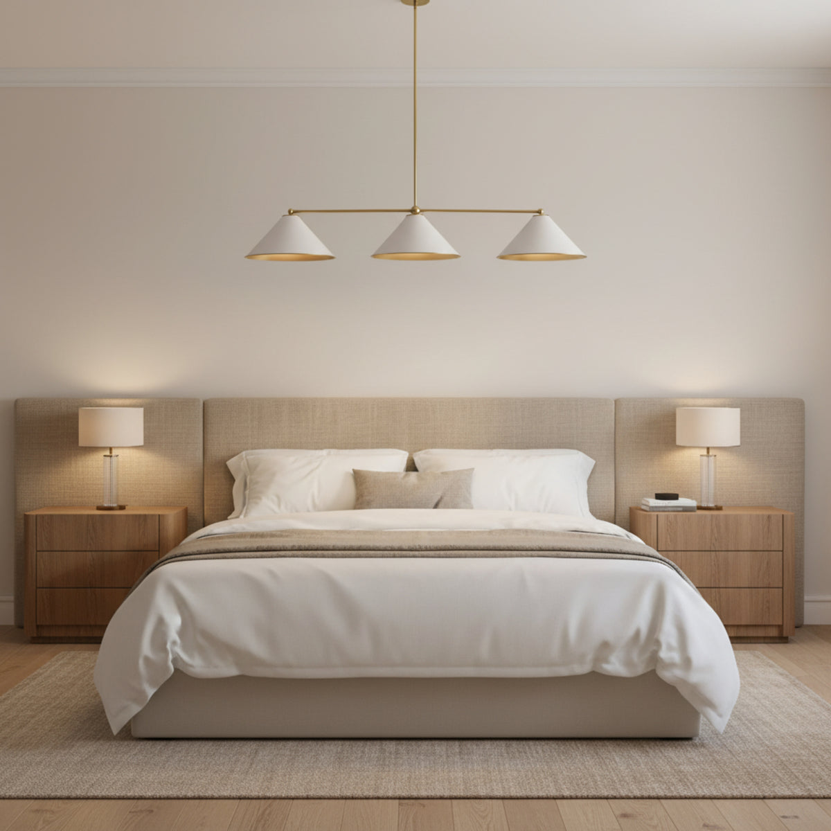 Corfu 3 light linear chandelier featuring three white cone shades suspended from a minimalist brass frame.