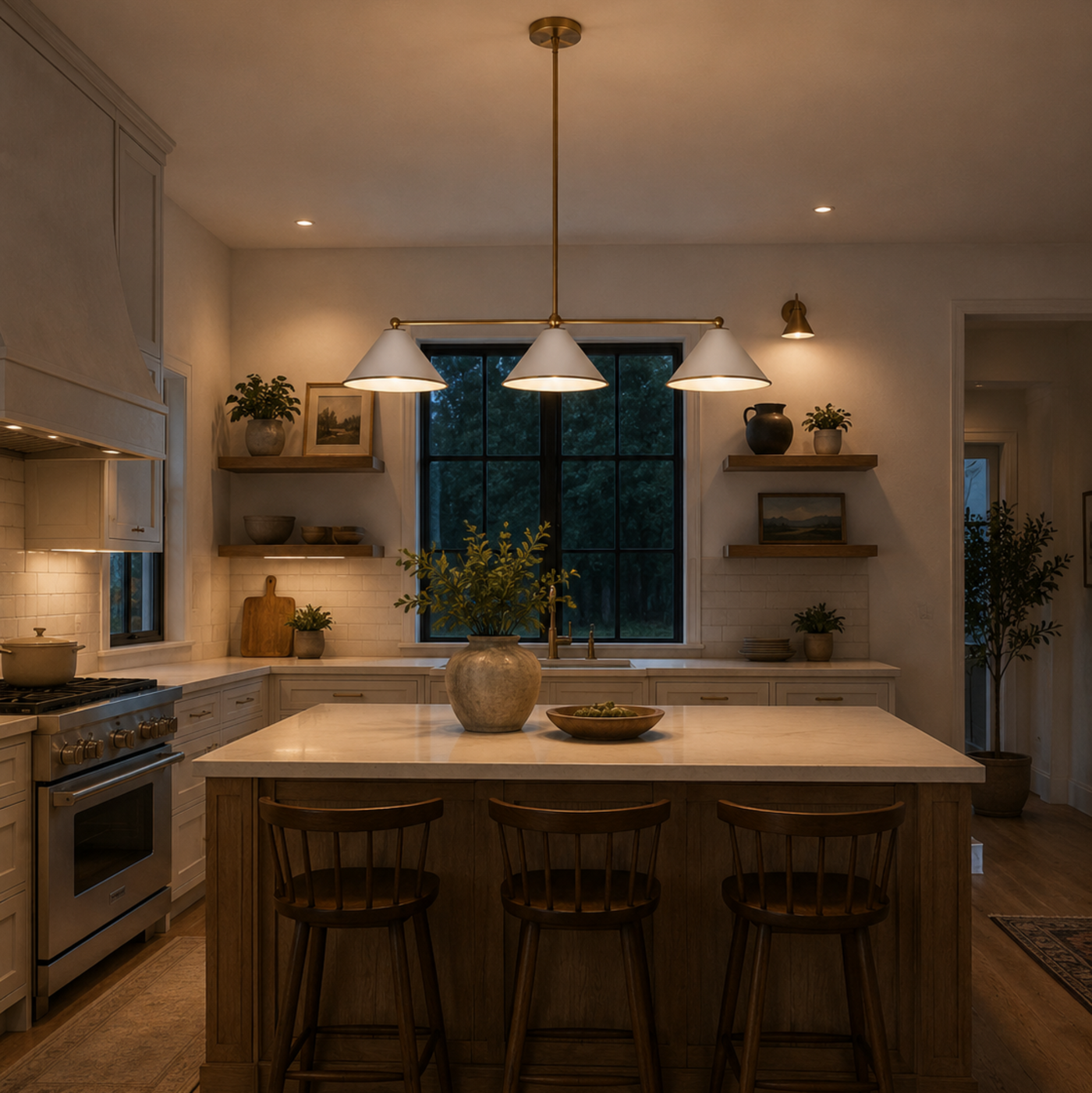 Corfu 3 light white cone linear chandelier installed above a kitchen island with warm ambient lighting.