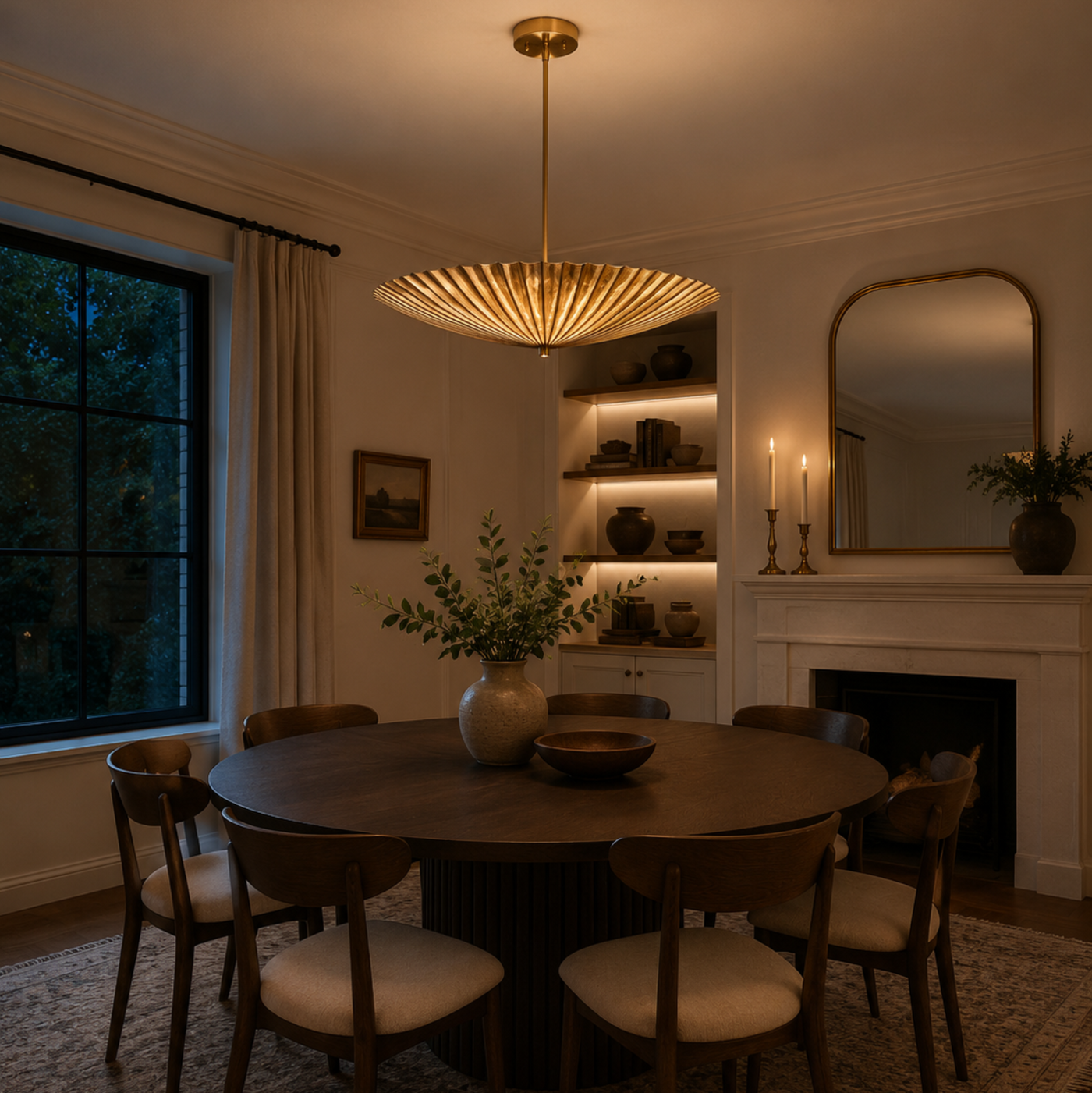 Crete 5 light brass fluted bowl chandelier illuminated above a round dining table in an elegant warm modern dining room.