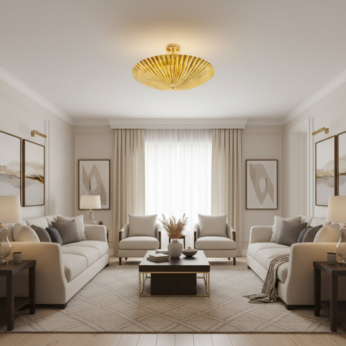 Crete 5 light brass fluted bowl chandelier shown from a low angle with detailed pleating and sculptural circular form.