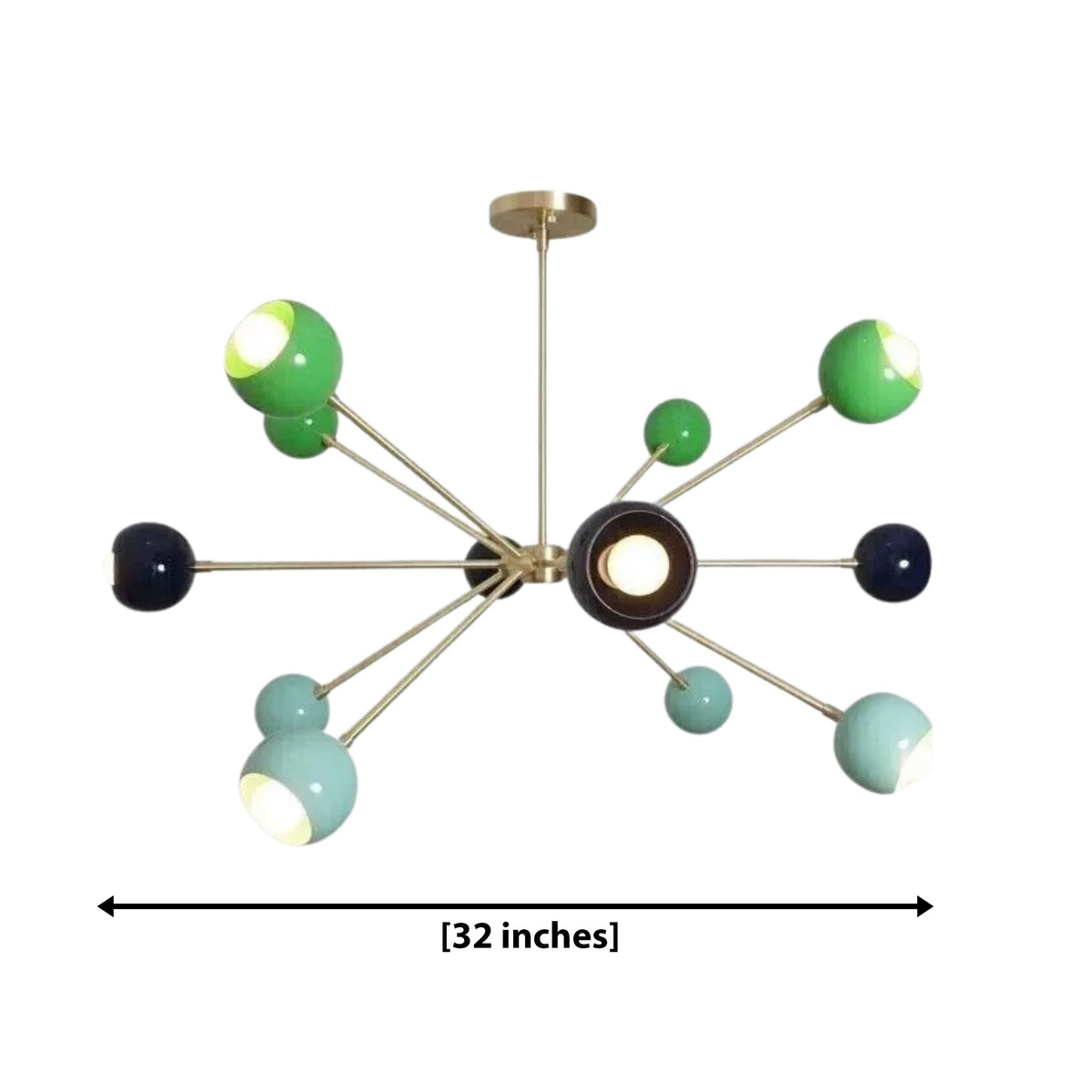 Crete 12 light multicolor Sputnik chandelier dimension view showing 32 inch width with green, aqua and navy spherical shades.