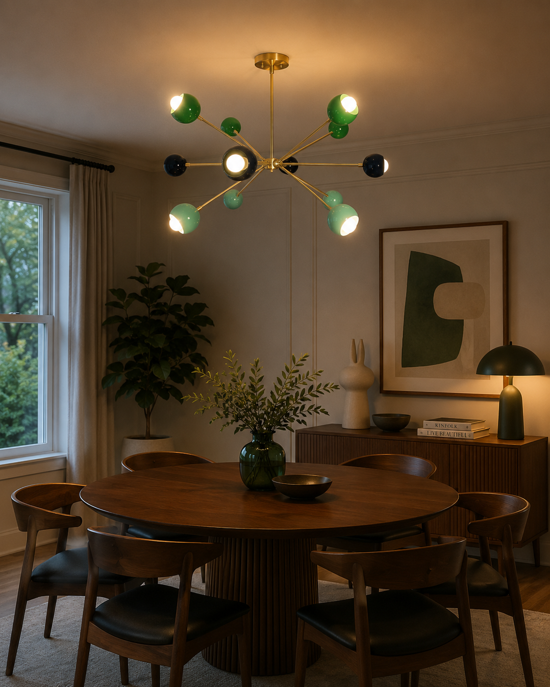 Crete 12 light multicolor Sputnik chandelier illuminated above a round wooden dining table in a warm contemporary dining room.