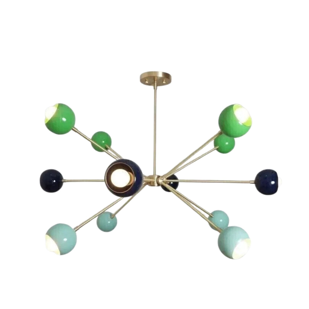 Crete 12 light brass-tone Sputnik chandelier shown from the front with green, aqua and deep navy spherical metal shades.