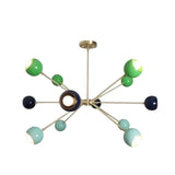 Crete 12 light brass-tone Sputnik chandelier shown from the front with green, aqua and deep navy spherical metal shades.