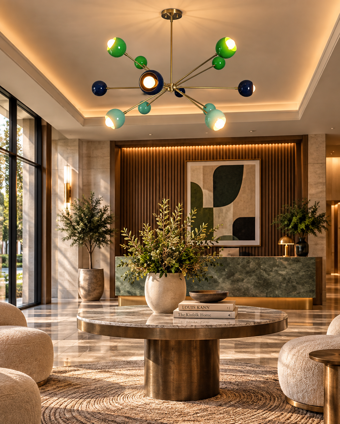 Crete 12 light green, aqua and navy Sputnik chandelier displayed in an elegant contemporary lobby with warm ambient lighting.