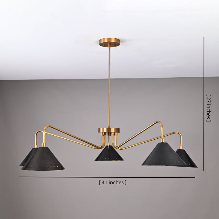 Customizable mid-century brass chandelier with five black cone shades for stylish homes