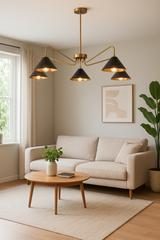 Handmade mid-century modern brass chandelier with five black cone-shaped shades, ideal for living rooms, dining rooms, and stylish office spaces.