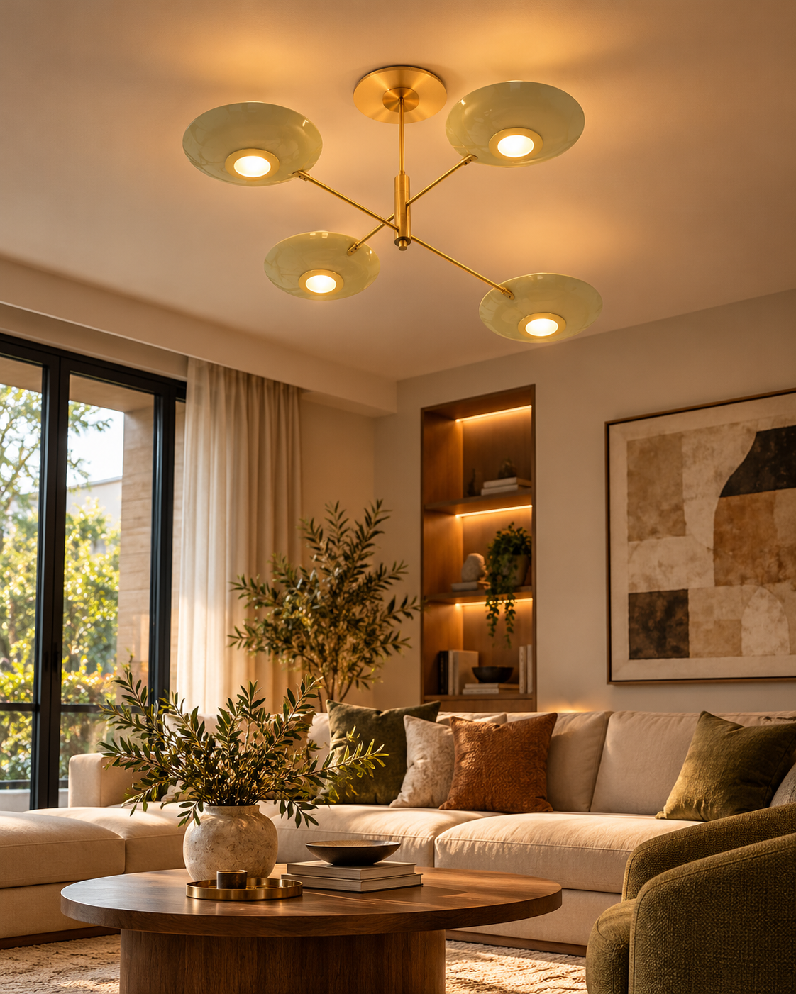 Dallas 4-light brass bowl chandelier illuminating a warm modern living room with a cream sectional sofa, wooden coffee table, and elegant neutral decor.