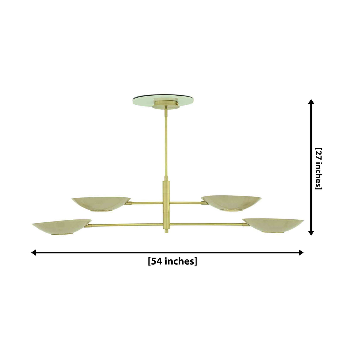Dallas 4-light brass linear chandelier dimension diagram showing 54-inch width and 27-inch overall height with four bowl-shaped shades.