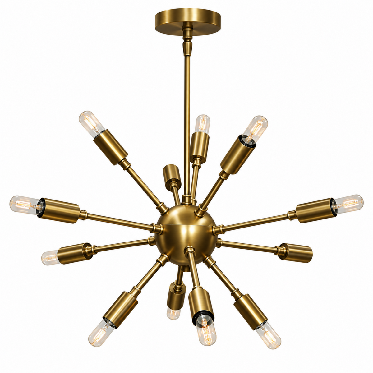 Dallas 12 light Mid-Century Modern Sputnik chandelier shown from the front with antique brass-tone arms and exposed decorative bulbs.