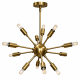 Dallas 12 light Mid-Century Modern Sputnik chandelier shown from the front with antique brass-tone arms and exposed decorative bulbs.