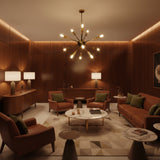 Dallas 12 light antique brass Sputnik chandelier shown from the front with exposed bulbs, radial arms, and a spherical central hub.