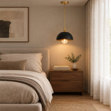 Delphi 1 light black dome pendant featuring a brass-tone stem and canopy with a partially exposed globe bulb.