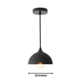 Delphi 1 light black dome pendant dimension view showing an 8 inch wide metal shade with exposed globe bulb.