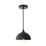 Delphi 1 light black dome pendant shown from the front with matching black suspension stem, ceiling canopy and exposed globe bulb.