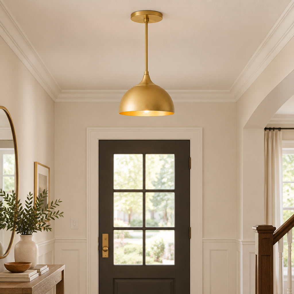 Delphi 1 light brass dome pendant featuring a sculptural rounded shade, slender brass stem and coordinating round ceiling canopy.