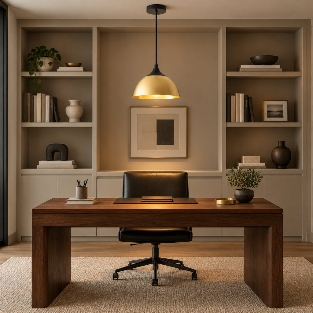 Delphi 1 light brass dome pendant shown from the front with a smooth rounded metal shade, black stem and round black ceiling canopy.