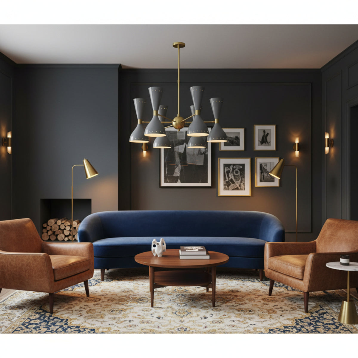 Delphi 12 light Sputnik chandelier shown from an angled view with gray double cone shades and satin brass framework.