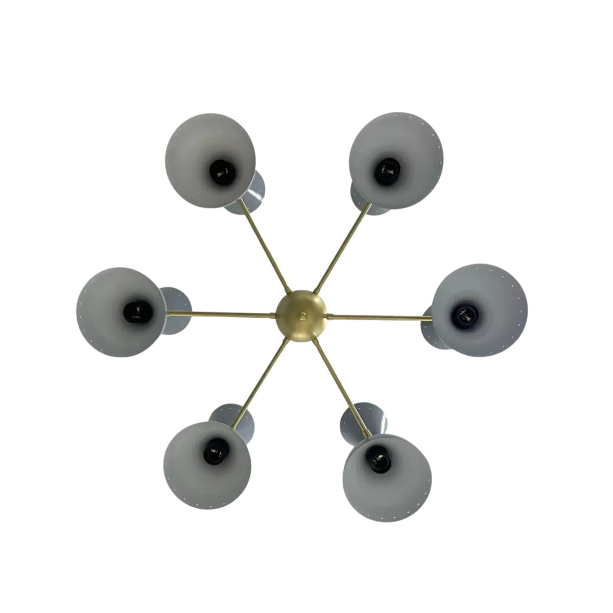 Delphi 12 light Sputnik chandelier shown from below highlighting the radial arm arrangement and open gray shades.