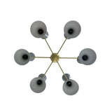 Delphi 12 light Sputnik chandelier shown from below highlighting the radial arm arrangement and open gray shades.