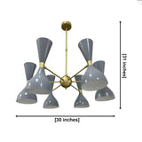 Delphi 12 light gray and brass Sputnik chandelier dimension view showing 30 inch width and 31 inch overall height.