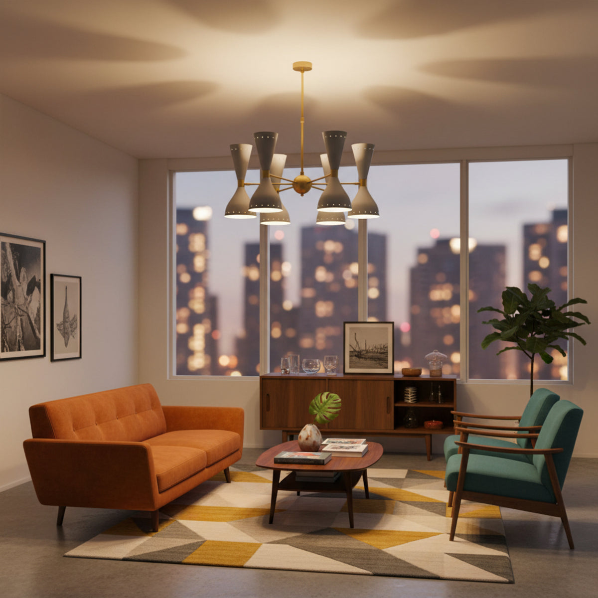 Delphi 12 light gray double cone Sputnik chandelier shown from the front with satin brass arms and perforated shade details.