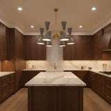 Delphi 12 light gray double cone chandelier shown from a low angle highlighting its sculptural radial brass arms.