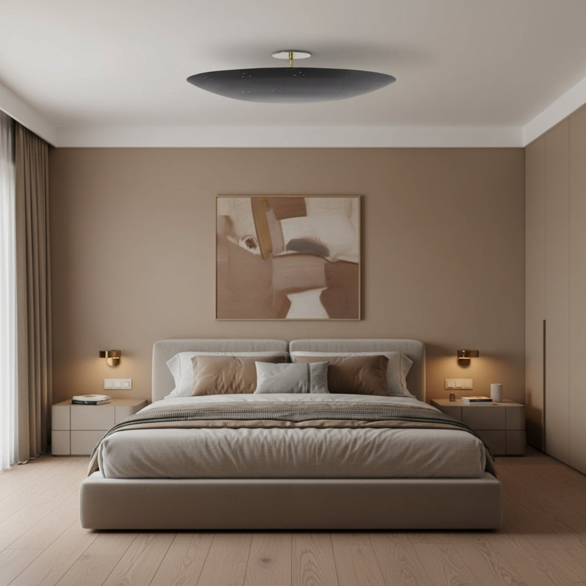 Denver 5 light black disc chandelier shown from the front highlighting its minimalist shallow bowl form and perforated surface details.