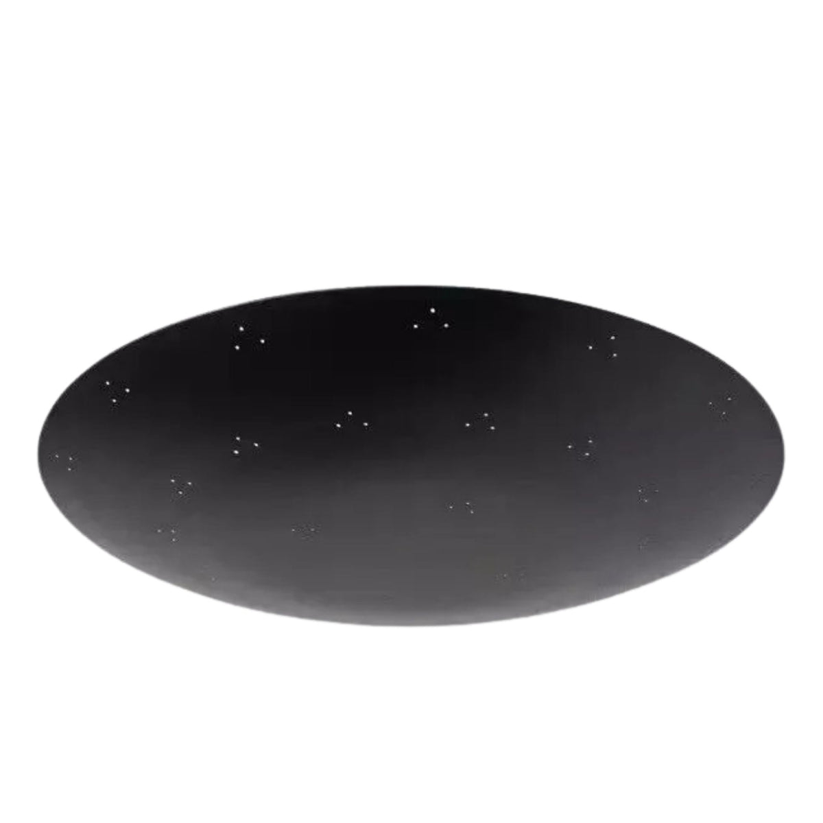 Denver 5 light black sculptural disc chandelier shown from an angled view with subtle perforated detailing and a wide shallow profile.