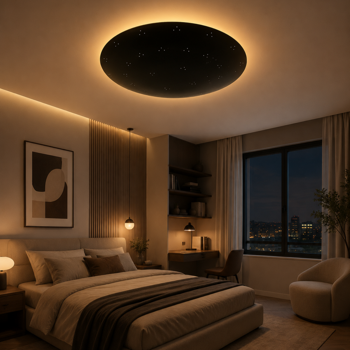 Denver 5 light black sculptural disc chandelier illuminated on the ceiling of a warm contemporary bedroom with soft ambient lighting.
