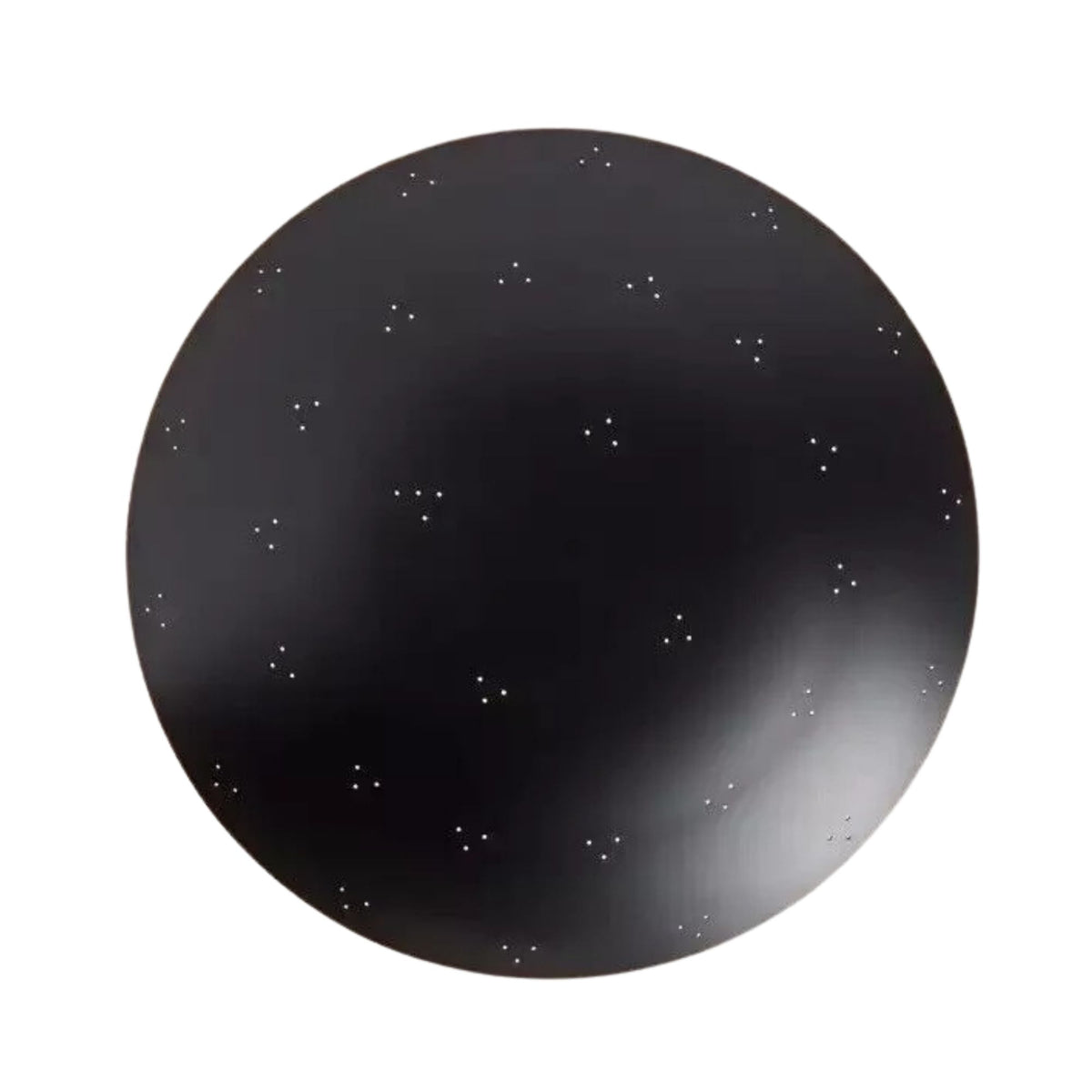 Denver 5 light sculptural chandelier shown from below highlighting the circular black disc and decorative perforated pattern.