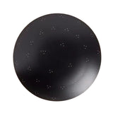 Denver 5 light sculptural chandelier shown from below highlighting the circular black disc and decorative perforated pattern.