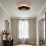 Denver 5 light Mid-Century Modern disc chandelier shown from the front with a broad black bowl silhouette and short ceiling stem.