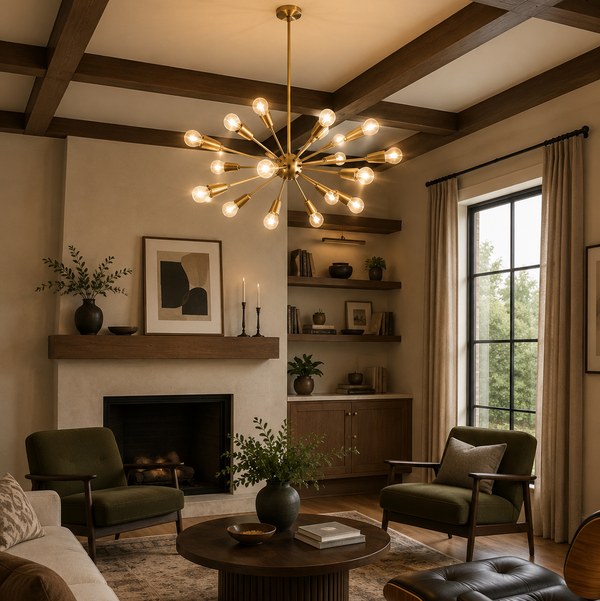 Dijon 24 light brass Sputnik chandelier illuminated in a warm Mid-Century Modern living room with exposed ceiling beams.