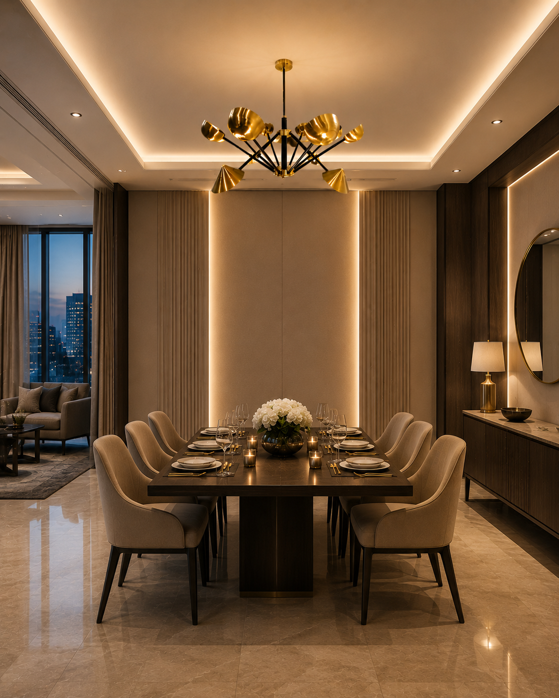 Dijon 12 light black and brass chandelier displayed above a large contemporary dining table with warm ambient lighting.