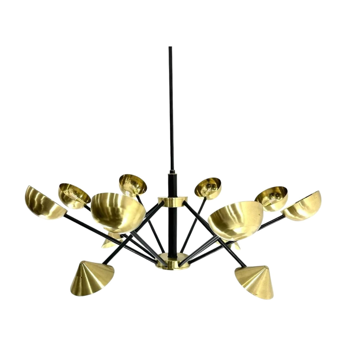 Dijon 12 light chandelier featuring sculptural brass bowl shades and black radial arms in a Mid-Century Modern design.