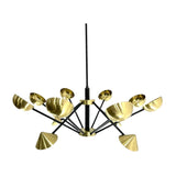 Dijon 12 light chandelier featuring sculptural brass bowl shades and black radial arms in a Mid-Century Modern design.