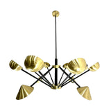 Full view of the Dijon 12 light black and brass chandelier with multidirectional bowl and cone-shaped metal shades.