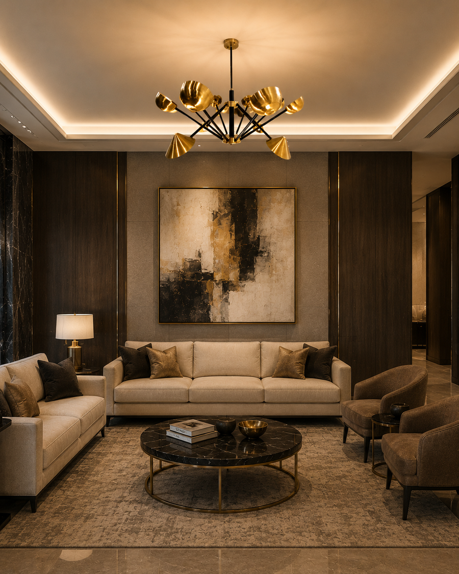 Dijon 12 light black and brass chandelier displayed in a sophisticated contemporary living room with warm ambient lighting.