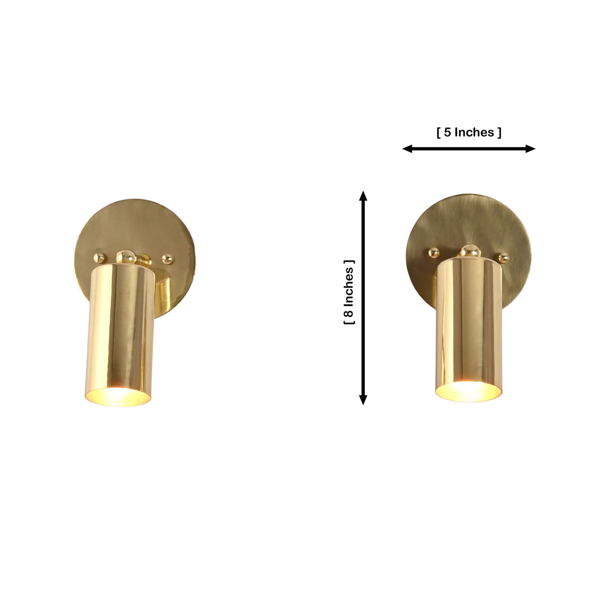 Milan adjustable antique brass cylinder wall sconce measuring 8 inches high with a 5-inch projection, featuring a handcrafted solid brass cylindrical spotlight.