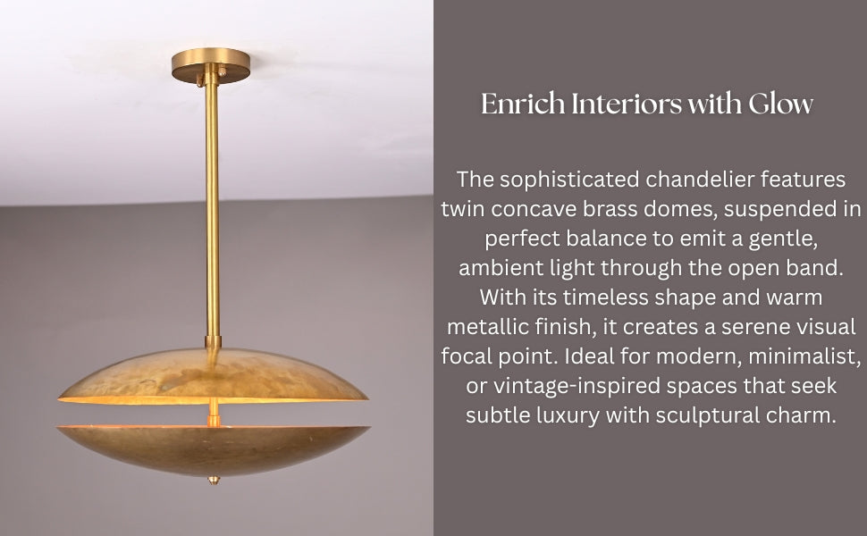 UFO-inspired brass chandelier casting soft, warm ceiling glow