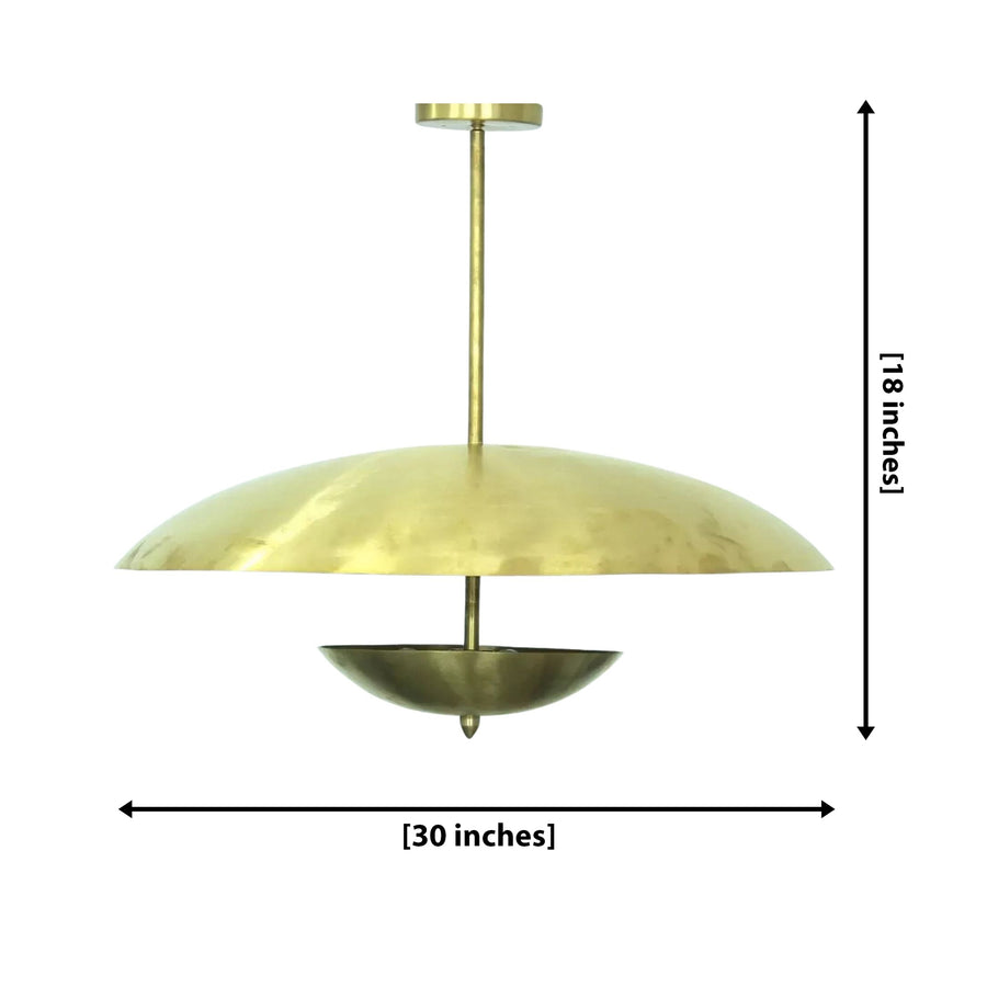 Dresden 4 light brass-tone dome chandelier displayed in a warm Mid-Century Modern lounge with neutral furniture and wood accents.