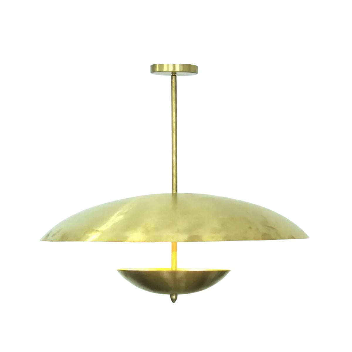 Dresden 4 light brass-tone sculptural dome chandelier shown from the front with a layered lower bowl and downrod suspension.
