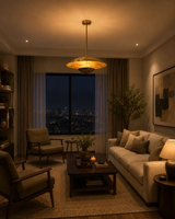 Dresden 4 light sculptural brass chandelier illuminating a refined contemporary living room with warm evening lighting.