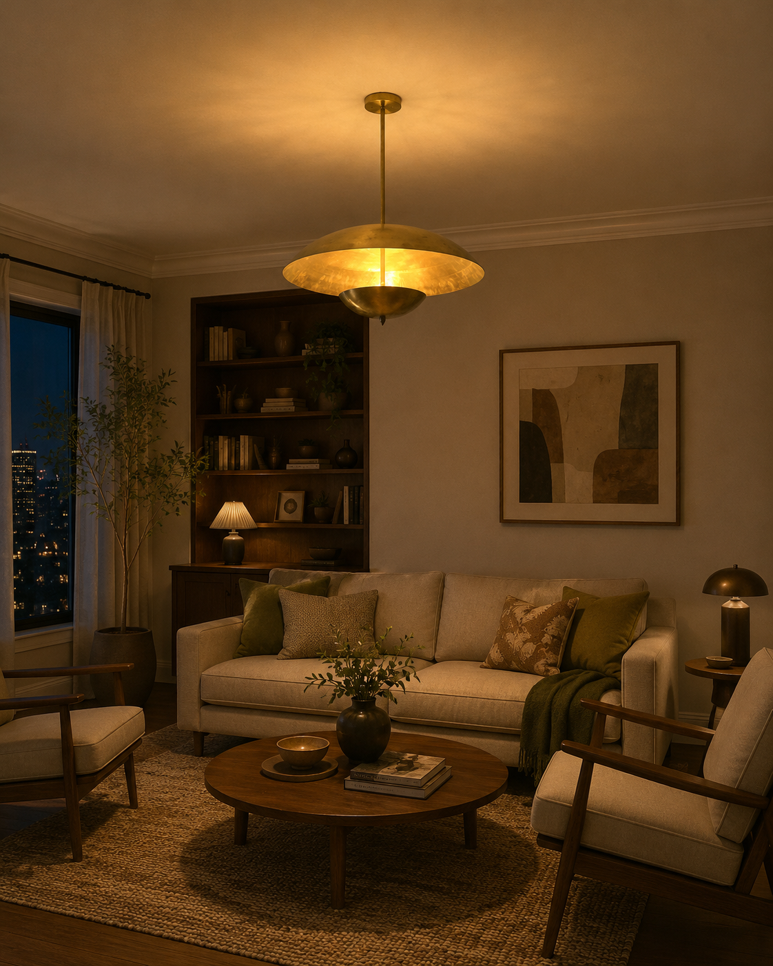 Dresden 4 light brass-tone dome chandelier displayed in a warm Mid-Century Modern lounge with neutral furniture and wood accents.