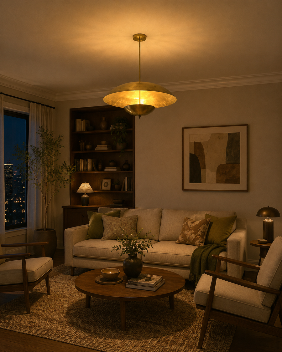 Dresden 4 light brass-tone dome chandelier displayed in a warm Mid-Century Modern lounge with neutral furniture and wood accents.