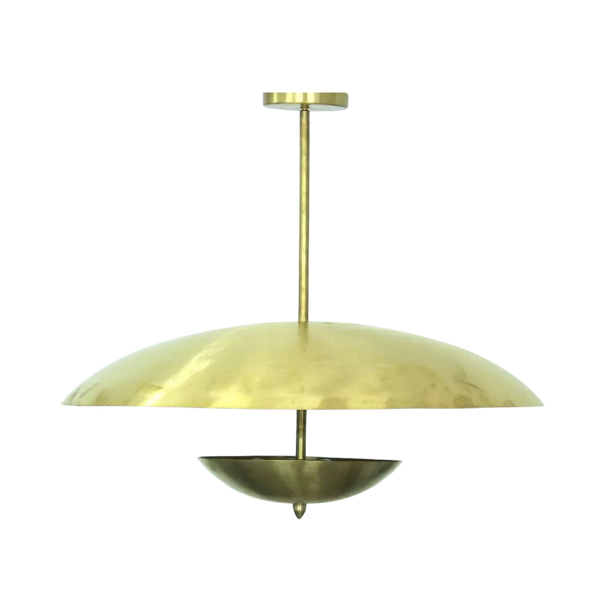 Dresden 4 light brass-tone chandelier featuring a wide curved dome, suspended lower bowl and minimalist ceiling canopy.