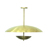 Dresden 4 light brass-tone chandelier featuring a wide curved dome, suspended lower bowl and minimalist ceiling canopy.