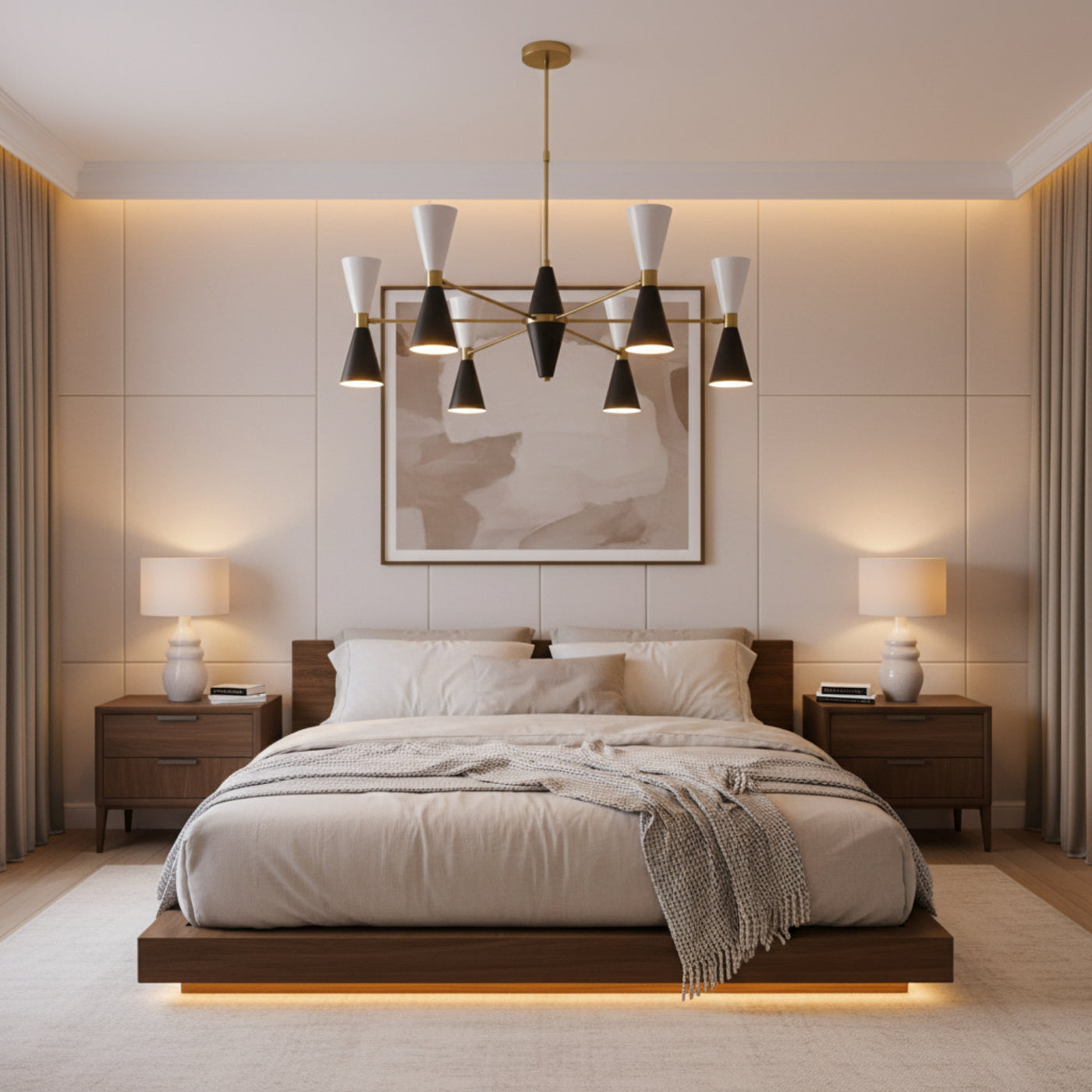 Dresden 12 light black and white cone Sputnik chandelier shown from an angled view with geometric brass-toned arms.